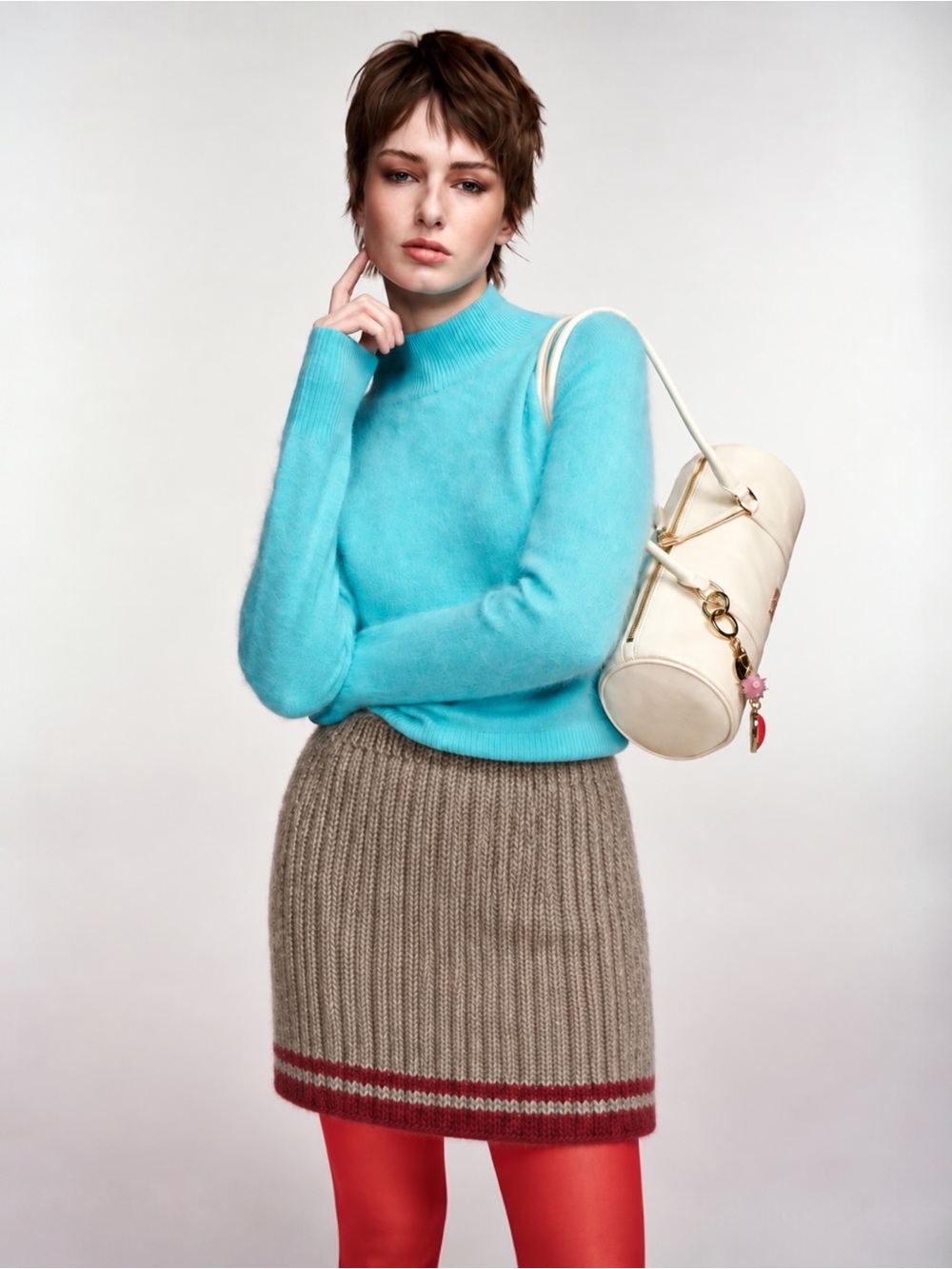Hand Knit 100% Wool Ribbed Mini Ski Skirt Beige Hockey Striped Small